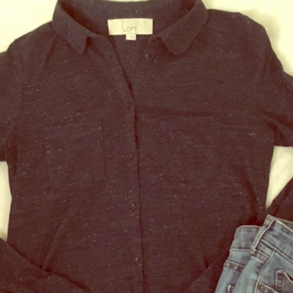 LOFT Navy Comfy Button-up Collared Shirt - Picture 2 of 2